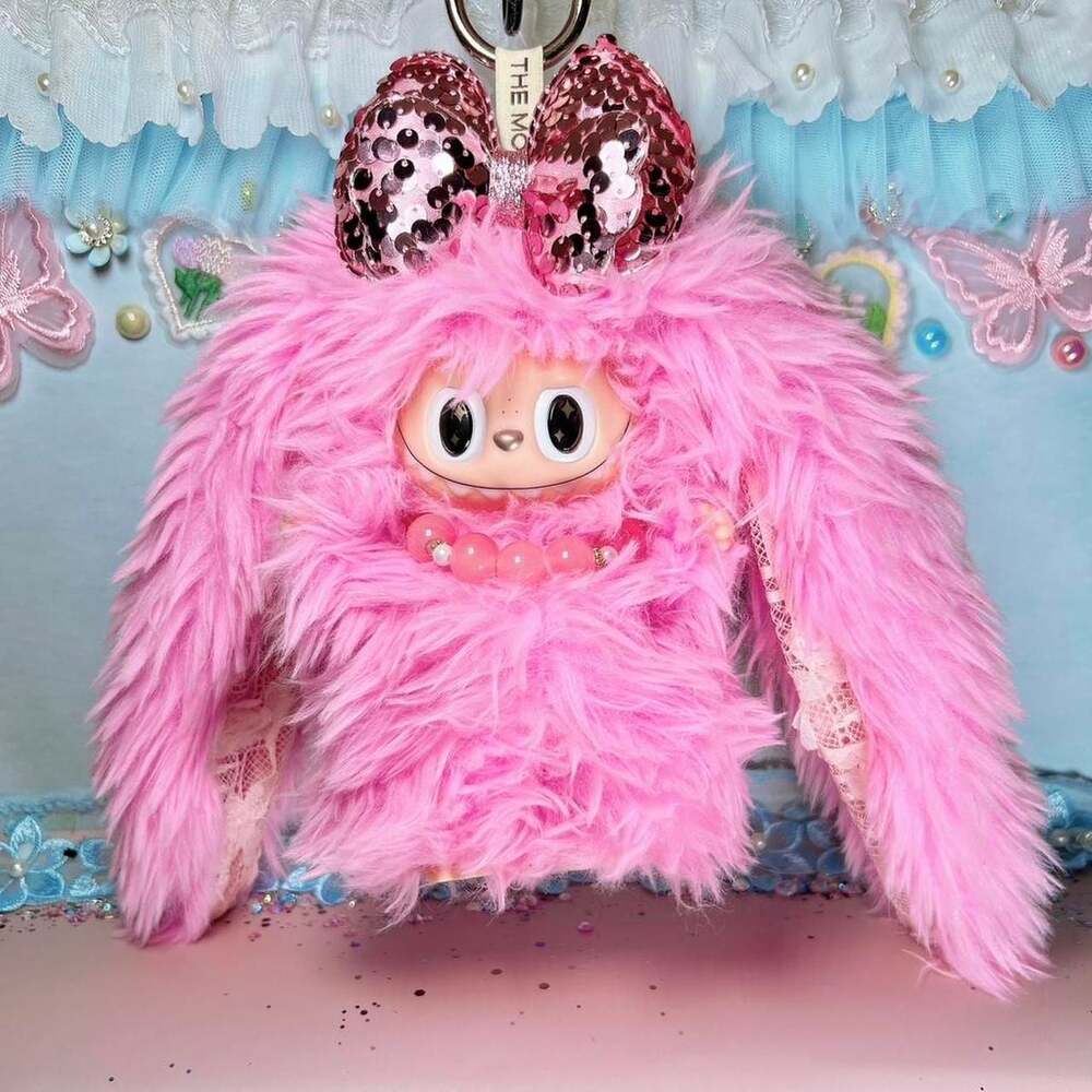 (46)Custom Handmade Pink Labubu Plush Keychain with Lace Ears & Accessories